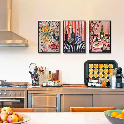 Miniatura 8 de 9 piezas de arte de pared de cocina coloridos alimentos para decoración de pared, fotos, bebidas, frutas, bar, carrito, lienzo, impresiones