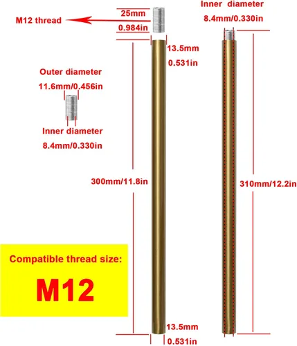 Miniatura 2 de Varilla de extensión roscada M12 de latón cepillado para luz colgante, iluminación de islas, candelabros, varillas descendentes y vástagos