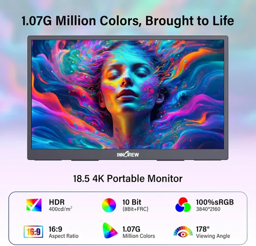 Miniatura 2 de InnoView Monitor portátil 4K de 18.5 pulgadas 3840 x 2160 UHD USB-C HDMI para laptop, pantalla de juegos para computadora IPS de 10 bits, monitor