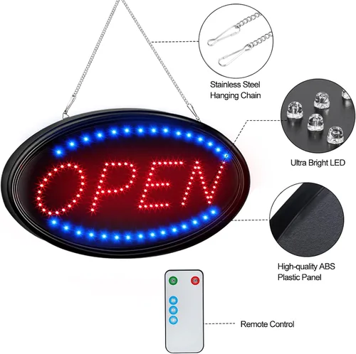 Miniatura 7 de Letrero LED de Abierto, FITNATE Grande 23x14 pulgadas Letrero de Negocio Abierto con Control Remoto Luz de Pantalla Eléctrica, 2 Modos Luces