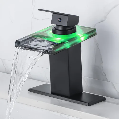 Miniatura 14 de Grifo LED para Lavabo de Baño - Negro Mate de Un Solo Agujero o Centerset de 4 Pulgadas Grifo de Cascada con Boquilla de Acero Inoxidable y Luces