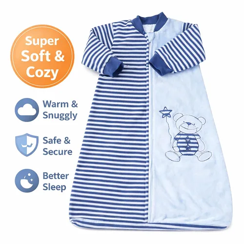 Miniatura 2 de Tog 2.0 - Saco de dormir para niños pequeños, manga larga, terciopelo de algodón, cálido saco de dormir con brazos para bebé, 4 estaciones, Azul