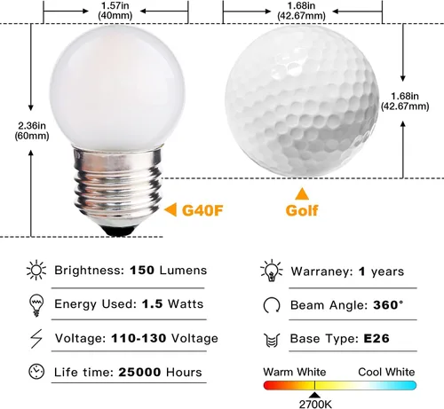 Miniatura 6 de Bombillas LED G40 de bajo vatio, 1.5 W, luz blanca cálida suave 2700 K G14, bombilla de ahorro de energía equivalente a 15 W, base estándar E26, luz