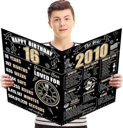 Miniatura 17 de Turypaty Tarjeta de 10 cumpleaños grande con sobre para niños y niñas, libro de firmas de invitados gigante de feliz 10 cumpleaños en negro y oro