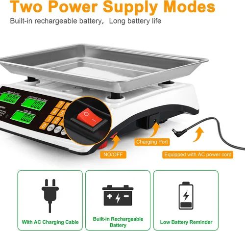 Miniatura 6 de Báscula de cálculo de precios 88lb/40kg Báscula comercial de alimentos para productos agrícolas y carne con plataforma grande de acero inoxidable