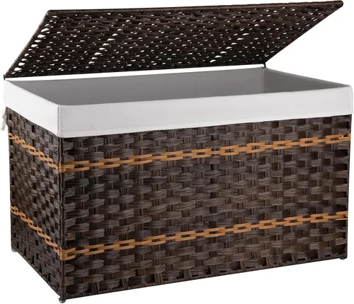 Miniatura 9 de OIAHOMY Cesta de almacenamiento con tapa, cesta de mantas de 42.3 galones (160L) con forro extraíble, cesta de mimbre sintético con asa, plegable