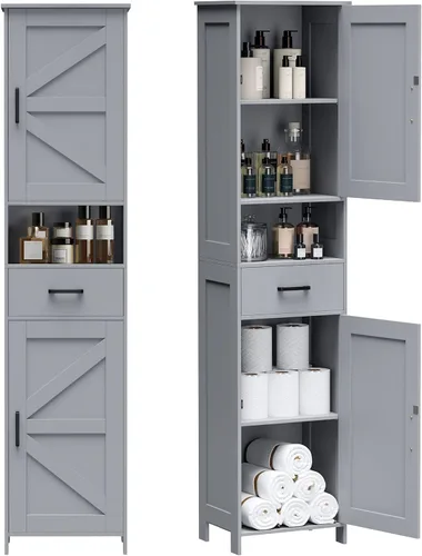 Miniatura 17 de HOMHEDY - Armario alto de 67 pulgadas con 2 puertas tipo granero, 1 cajón, estantes ajustables, unidad estrecha para baño, sala de estar, entrada