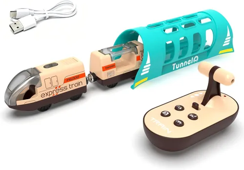 Tren eléctrico para pista de madera, juguete de tren de control remoto, tren motorizado y túnel con efecto de voz y luces, juego de tren de