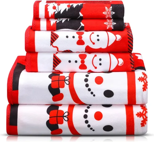 Buryeah Juego de 6 Piezas de Toallas de Baño de Navidad 2 Toallas de Baño Rojas Suave con Diseño de Buffalo Plaid 2 Toallas Cuadradas Decorativas 2