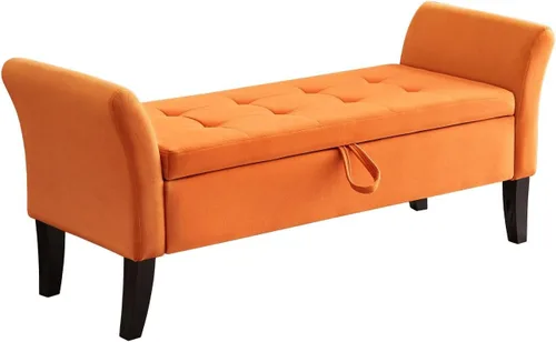 Miniatura 10 de Banco otomano tapizado de tela de terciopelo de 51.5 pulgadas con almacenamiento y brazos, asiento acolchado con patas de madera maciza, asiento