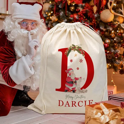 Miniatura 2 de JugJug Bolsas de regalo personalizadas de Navidad con inicial y nombre, cajas de lona de Santa Claus, bolsas de Navidad con cordón para niños
