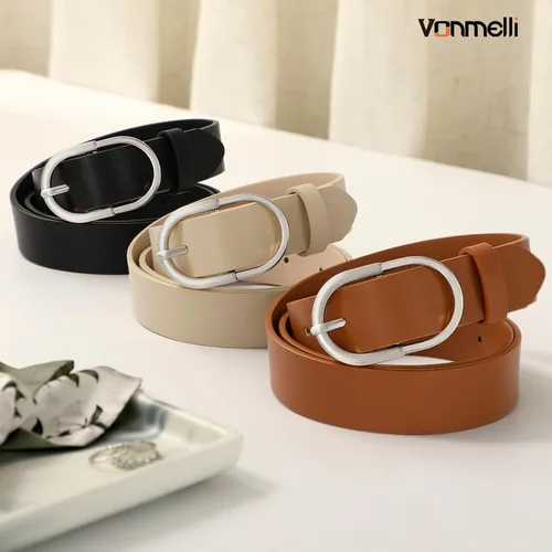 Miniatura 3 de VONMELLI Paquete de 3 cinturones de mujer para pantalones vaqueros, cinturón de vestir con hebilla dorada