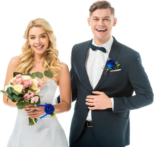 Miniatura 6 de Aoriher Juego de 4 ramilletes y boutonniere para fiesta de boda, 2 pulseras de ramillete de rosas para baile de graduación, dama de honor, Azul