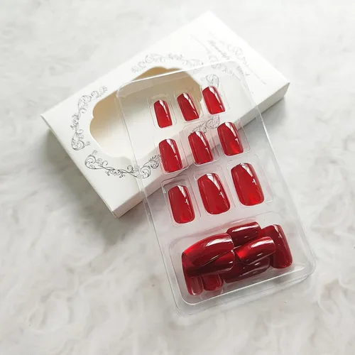 Miniatura 4 de Uñas postizas a presión de Navidad, color rojo vino, uñas postizas cuadradas medianas con diseño degradado, cobertura completa, acrílico brillante