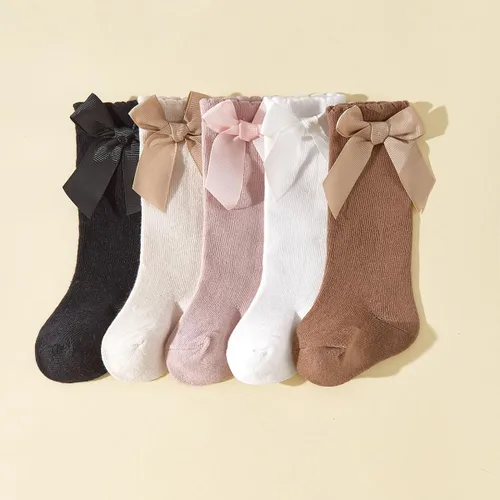 Miniatura 6 de QandSweet Calcetines altos hasta la rodilla para bebé, recién nacido, sin costuras, para niñas pequeñas, con lazo grande, de algodón