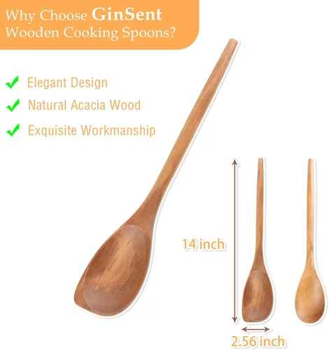 Miniatura 2 de GinSent 2 cucharas de madera para cocinar, cucharas de madera de 14 pulgadas, cucharas de madera de agarre cómodo, utensilios de cocina para agitar