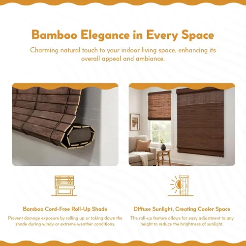 Miniatura 3 de Radiance Persianas Romanas de Bambú Sin Cordón para Ventanas - Persianas de Bambú de Varillas Planas para Control de Luz Semi-Privado - Persianas