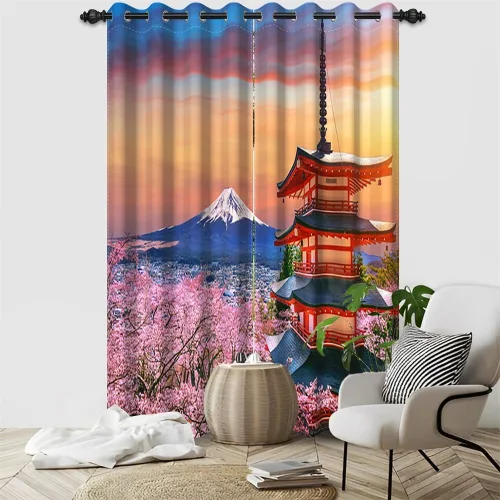Miniatura 27 de Cortinas japonesas con pintura de tinta, monte Fuji, sol rojo, puesta de sol, hojas de bambú, cortinas de ventana para dormitorio, sala de estar