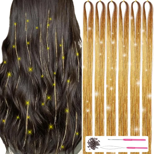 Miniatura 13 de Kit de oropel para el cabello con herramientas de 47 pulgadas, 1200 hebras de extensiones de cabello de oropel con purpurina, kit de mechones