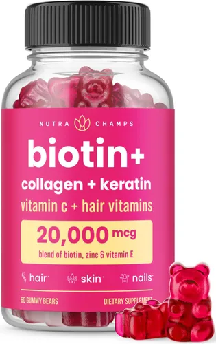 NutraChamps Gomitas de biotina de 5000 mcg con colágeno, queratina y más – Vitaminas para la piel y las uñas para mujeres y hombres – Apoya el ciclo
