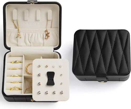 KAMIER Organizador de viaje de joyería cajas de joyería portátiles de cuero acolchado con diamantes para mujeres y niñas organizador pequeño para