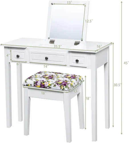 Miniatura 7 de CHARMAID Escritorio de tocador de maquillaje con espejo abatible superior, 3 cajones, 7 compartimentos de almacenamiento, escritorio blanco