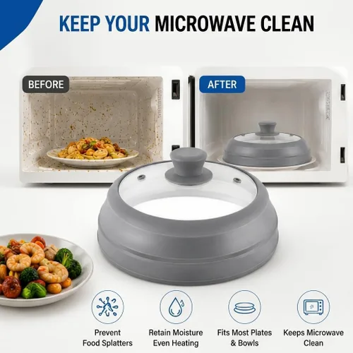 Miniatura 2 de Cubierta de salpicaduras de microondas para alimentos, cubierta de microondas de vidrio de 10.5 pulgadas con borde de silicona plegable, cubierta
