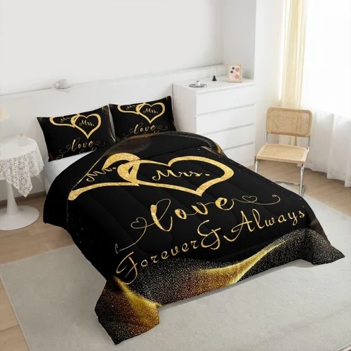Miniatura 4 de Erosebridal Juego de edredón para parejas, juego de ropa de cama tamaño individual con lentejuelas doradas con purpurina dorada, edredón acolchado