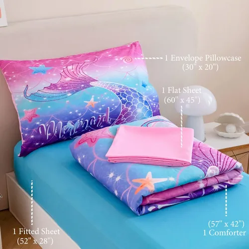 Miniatura 6 de ZRNBAST Juego de ropa de cama de sirena para niños pequeños, juego de edredón de escamas de pez de 4 piezas para dorados, color morado y azul, cama