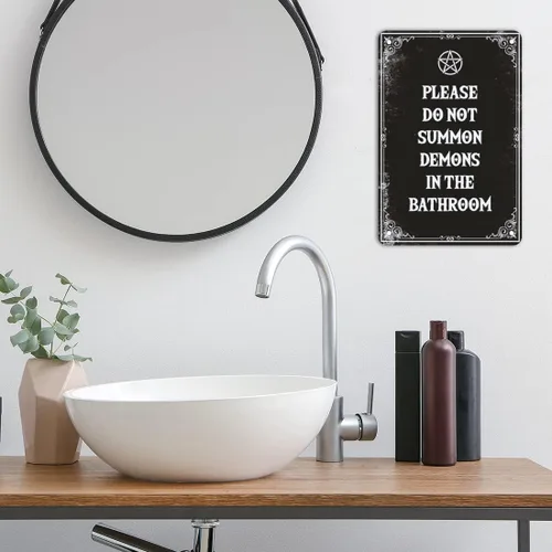 Miniatura 3 de IRISIVITA - Letrero de metal espeluznante, con texto en inglés "Please Do Not Summon Demons In The Bath", arte gótico de pared, decoración