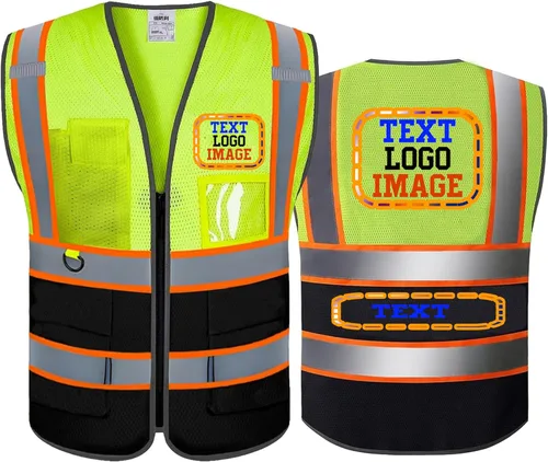 Miniatura 10 de Chaleco reflectante de seguridad de alta visibilidad con bolsillos y cremallera, chaleco de trabajo de alta visibilidad (amarillo neón/negro, L)