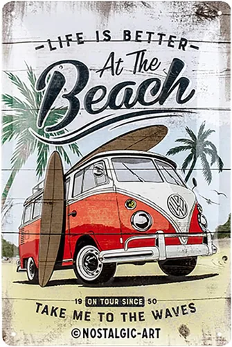 Nostalgic-Art Letrero de hojalata retro, 7.9 x 11.8 pulgadas, VW Bulli – Playa – Idea de regalo de autobús VW, producto oficial de licencia (OLP),