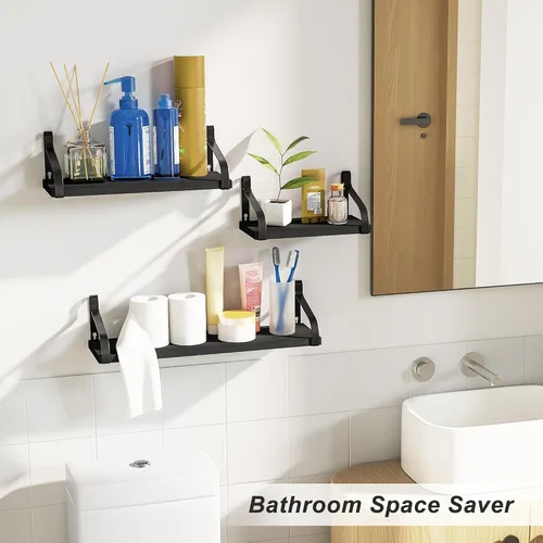 Miniatura 4 de Love-KANKEI Estantes flotantes montados en la pared de madera rústica, juego de 3 estantes para dormitorio, sala de estar, baño, cocina, color negro