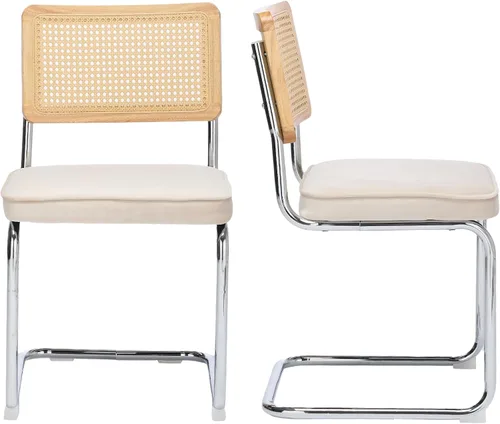 Miniatura 6 de ODUSE-DAILY Black Modern Rattan Dining Chairs Set of 4, Linen Fabric Upholstered Kitchen & Dining Room Chairs Set of 4, Sillas de Comedor, Cane