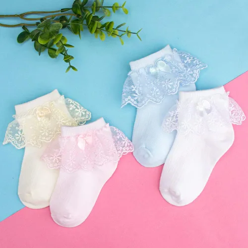 Miniatura 6 de akkilar Paquete de 4 calcetines con volantes para niñas pequeñas con lazo de malla de encaje con ribete de volantes y ojales de princesa para niños