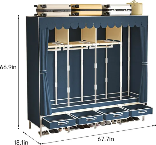 Miniatura 2 de Armario portátil con 4 cajones y 3 estantes, gran capacidad de 67 pulgadas, organizador colgante independiente con tapa para dormitorio, azul