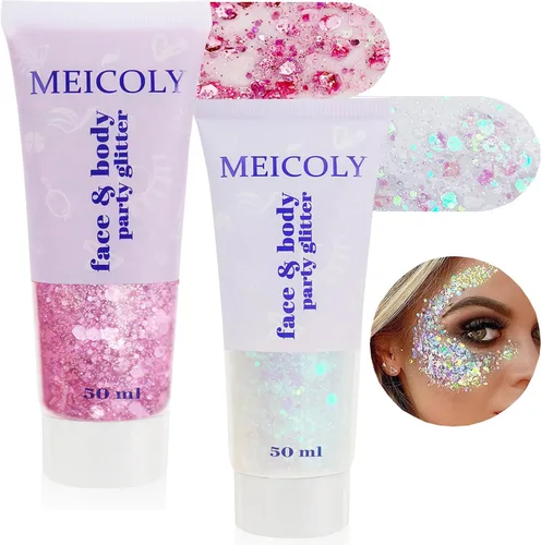 MEICOLY Juego de purpurina rosa y blanca transparente, gel de purpurina facial rosa, accesorios para conciertos de cantantes, festivales, rave,