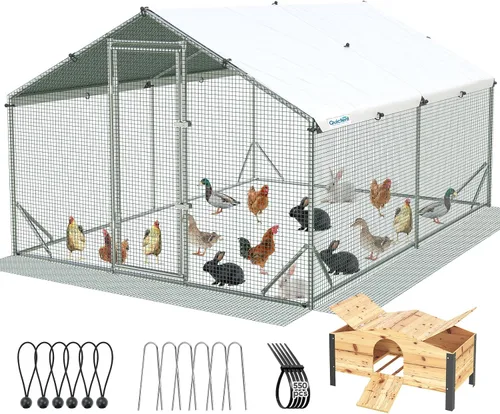 Miniatura 17 de Quictent Gallinero grande de metal para más de 10 aves de corral con paño de hardware lateral y cubierta impermeable, serie avanzada para Blanco