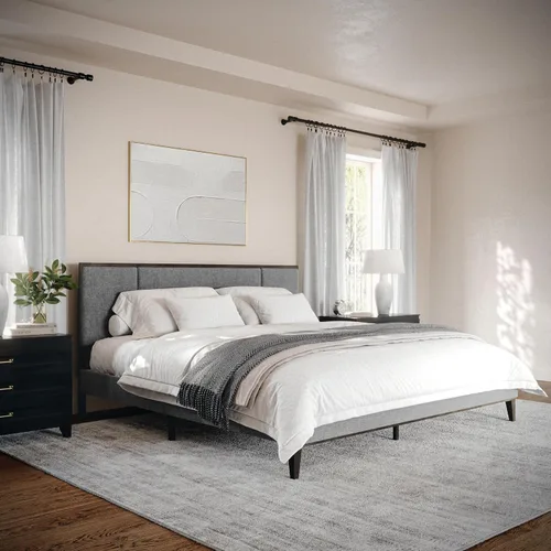 Miniatura 15 de Martha Stewart Jett - Cama de plataforma con cabecero, cabecera y base tapizada de tela, marco de madera maciza, no necesita somier, tamaño Queen