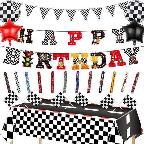 Miniatura 7 de YANMIN Decoraciones de fiesta de cumpleaños de autos de carreras, pancarta de feliz cumpleaños de auto de carreras, manteles de carreras de 54 x 108
