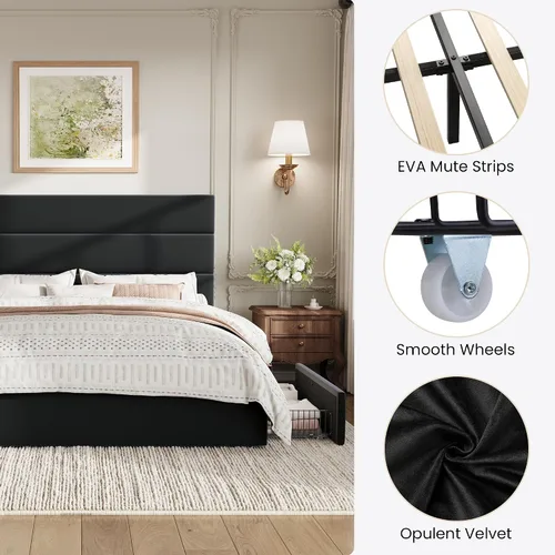 Miniatura 7 de SHA CERLIN Base de cama de plataforma de tamaño matrimonial con 4 cajones de almacenamiento, cabecera tapizada de terciopelo, base de colchón