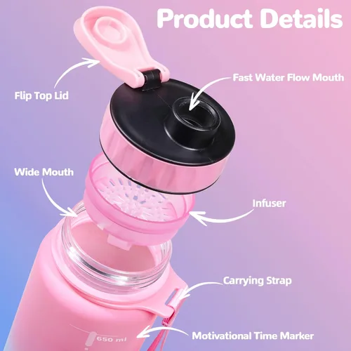 Miniatura 3 de Botella de agua grande con marcador de tiempo motivacional, jarra de agua con asa, botella deportiva transparente para gimnasio, campamento, 22oz