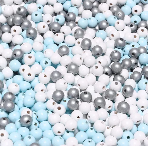 450 cuentas de madera de 0.394 pulgadas para manualidades/decoración de Navidad, cuentas de madera pintadas en azul, plata y blanco, agujero de