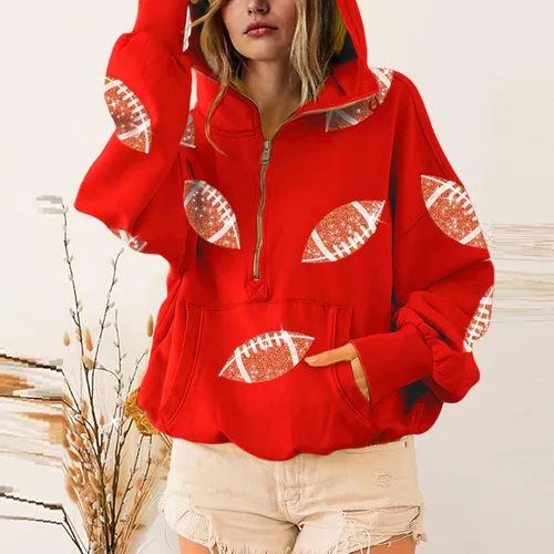 Miniatura 18 de SeekMe Sudaderas con capucha de lentejuelas para mujer, para el día del partido, suéteres de manga larga con cremallera y bolsillo