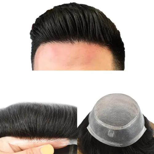 Toupee para hombres Pieza de cabello humano real para hombres Sistema de reemplazo de cabello fino Mono Mens Toupee Piezas de pelo Poly Men
