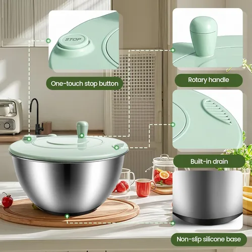 Miniatura 6 de Ensaladera de acero inoxidable 3 en 1, base antideslizante y parada con un solo toque, secadora de verduras para cocinas, fiestas y personas