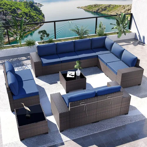 Miniatura 44 de Kullavik Juego de 13 muebles de patio al aire libre con mesa de fogata de gas propano de 43 pulgadas, 55000 BTU, mimbre de polietileno, sofá Arena
