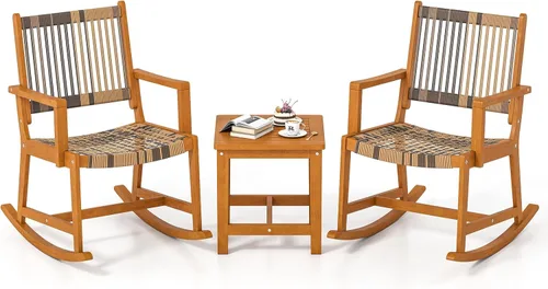 Tangkula Juego de 3 mecedoras para patio, juego de bistró de madera de acacia con asiento y respaldo de ratán, 2 sillones para exteriores con mesa