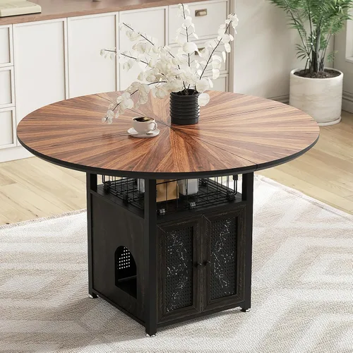 Miniatura 13 de Juego de mesa de comedor redonda de 47 pulgadas para 4-6 personas, juego de mesa de comedor grande de cocina estilo granja con sillas y estante