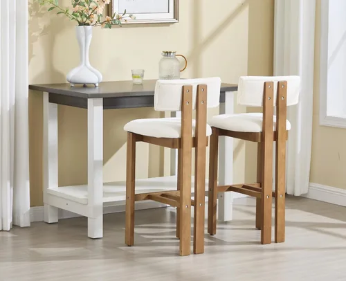 Miniatura 6 de Shunzhi Juego de 2 taburetes de bar tapizados de felpilla blanca con respaldo/patas de madera maciza, modernas sillas de bar altas para isla